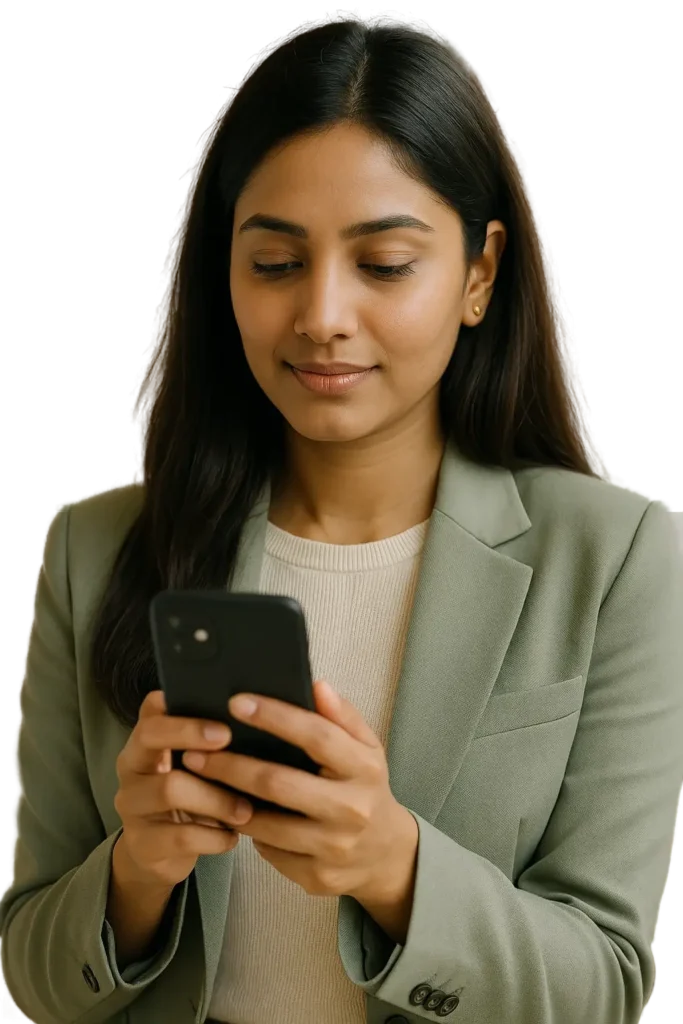 Young Indian professional woman sitting at a table, using a personal finance calculator on her smartphone in a modern indoor setting.