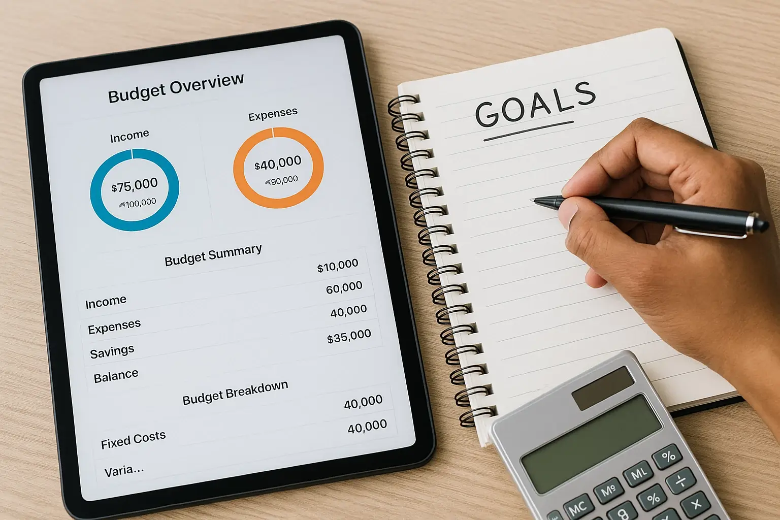 Overhead view of a tablet displaying a budget planner alongside a handwritten goal notebook, calculator, and pen, representing practical money tools.