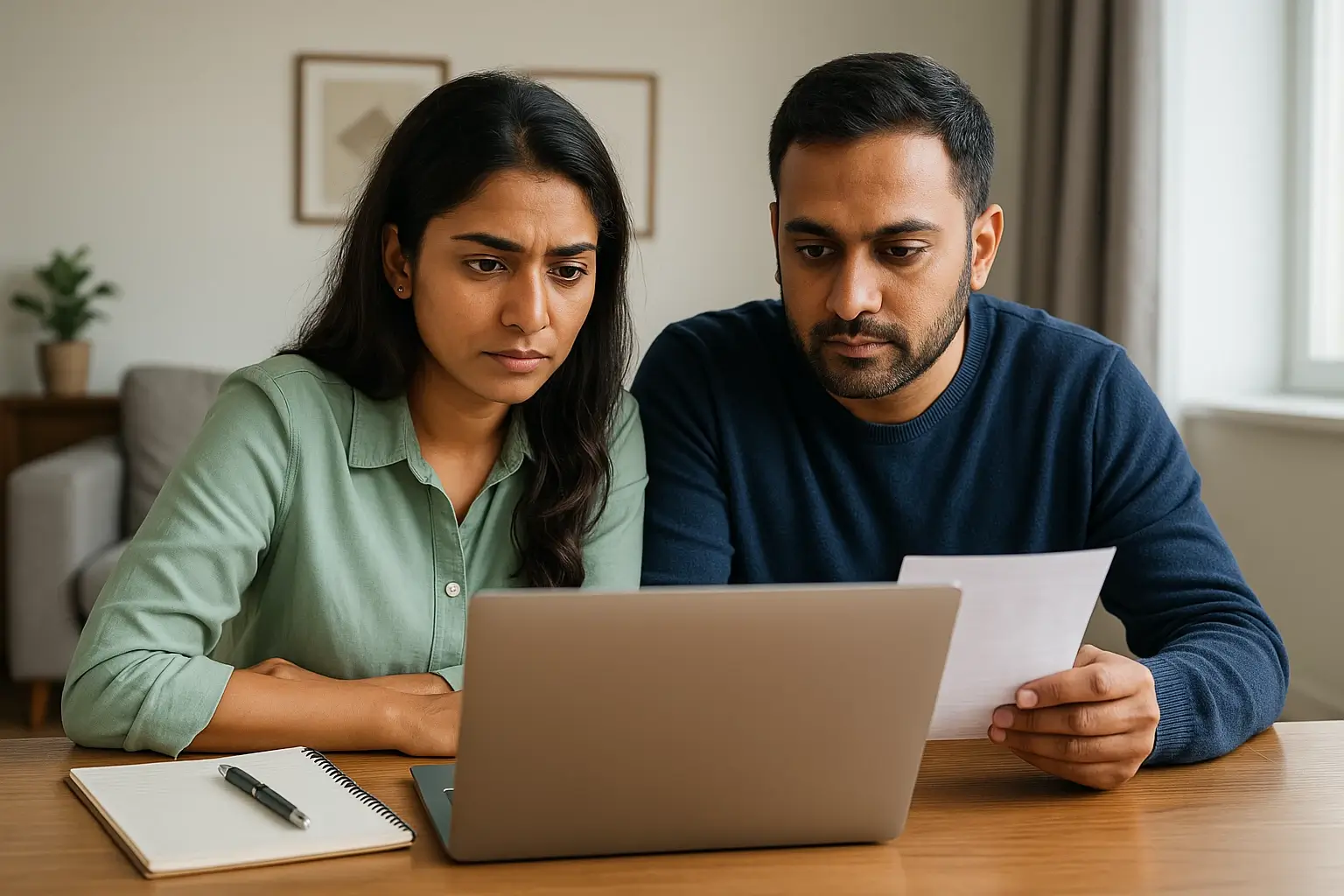 Indian couple sitting at a kitchen table, smiling while managing finances on a laptop, symbolizing aligned financial goals and progress.